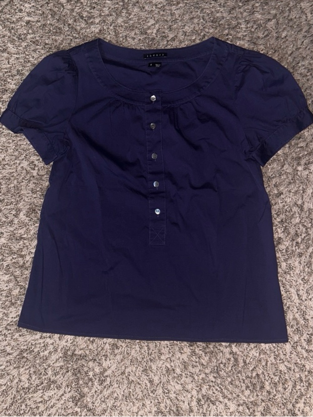 Theory Purple Indigo Button Up Short Sleeve Scoop Neck Blouse Women’s Small